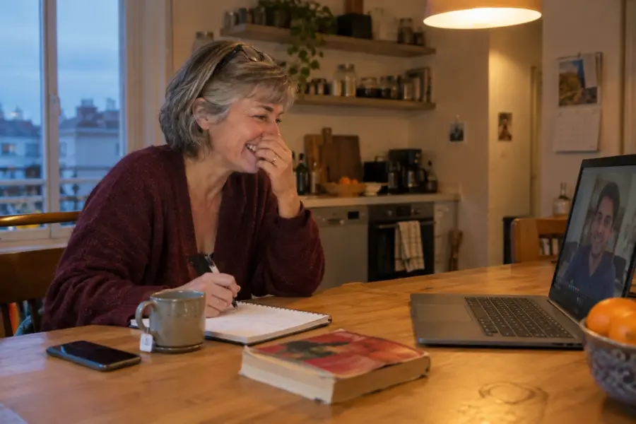Adult learner laughing during an online Spanish lesson at home